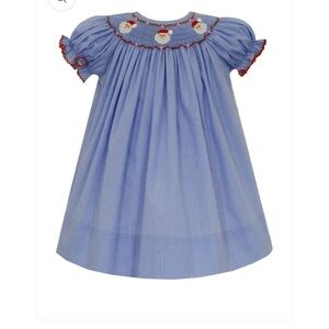 Petit Bebe Girls Blue Check Bishop Dress - Smocked Santa Faces